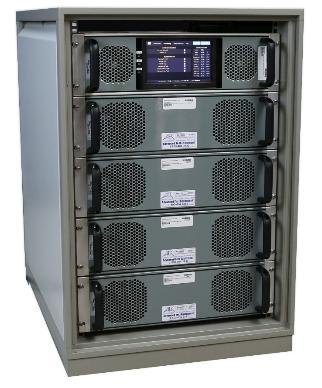 A competitor's equipment cabinet holding five stacked amplifier drawers