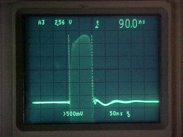 Oscilloscope capture of a 90 nanosecond RF burst with sharp rise and fall